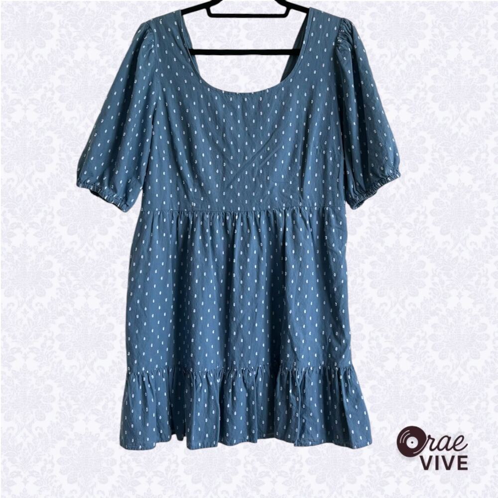 Loft Womens 12P Chambray Blue Cotton Embroidered Dot Puff Sleeve Dress [Eco 🌿]